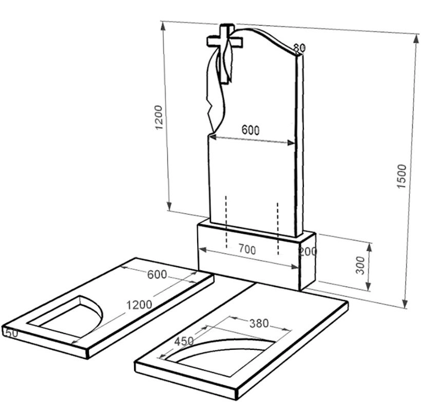 Розміри Гранітний пам'ятник з вирізаним куточком подвійний із чорного граніту Коростишів к18-kor-npf-120-60-08-142