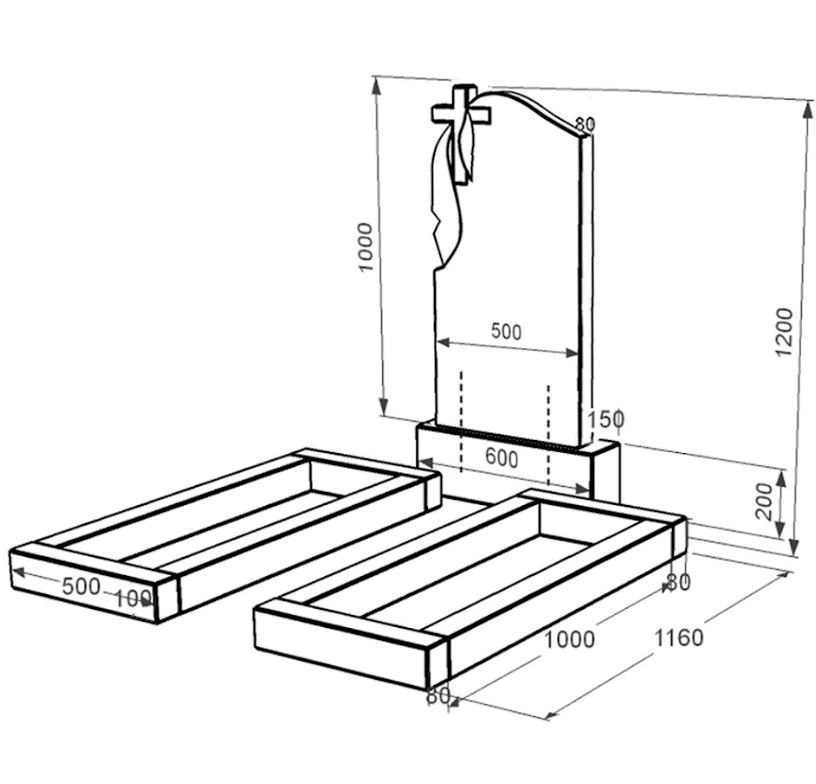 Розміри Гранітний пам'ятник з хрестом різьблений подвійний із чорного граніту Коростишів з плащаницею різьблений к14-kor-pf-100-50-08-142