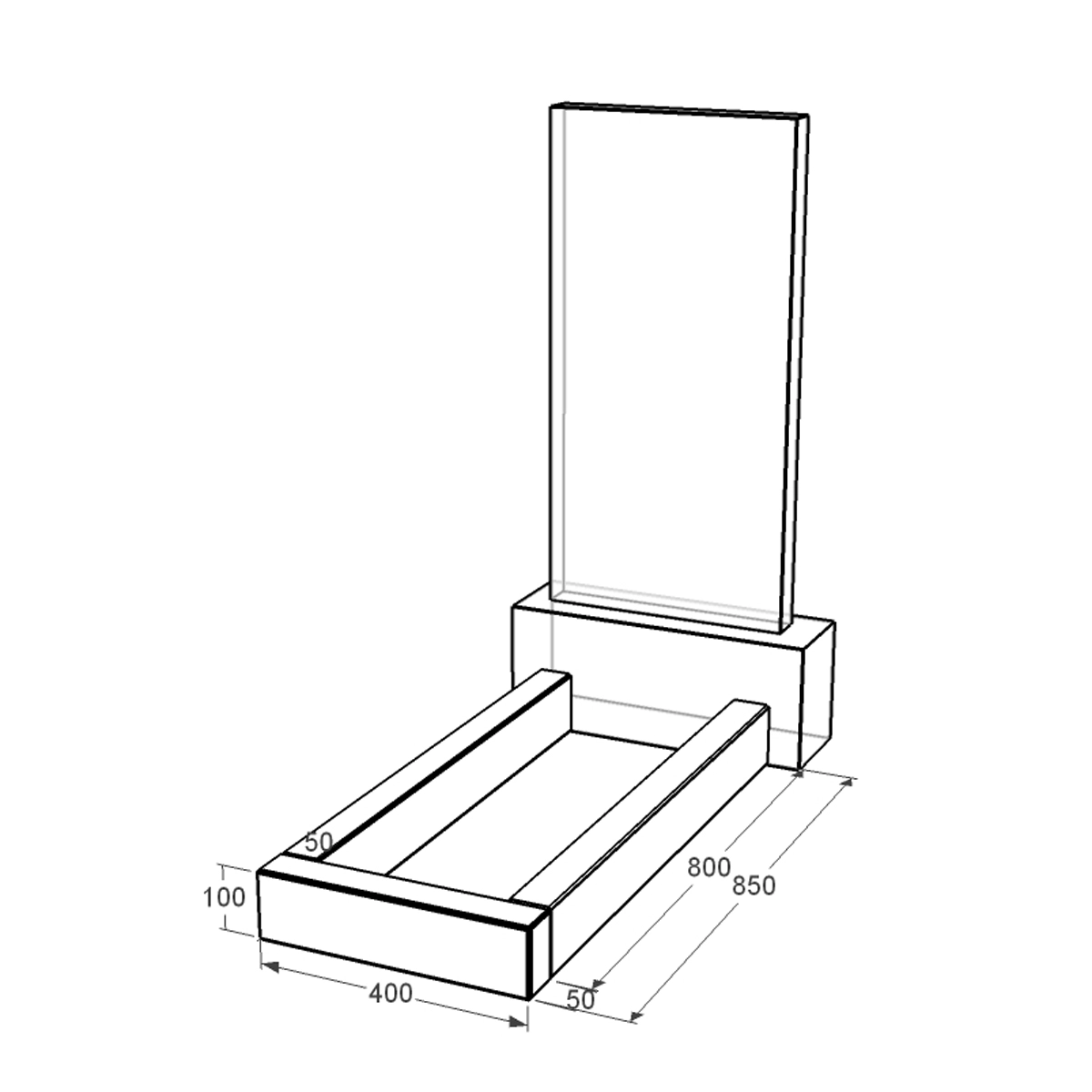 Розміри Квітник на могилу маленький 850x400x100 із граніту серія Базис із полірованими фасками Коростишівського кар'єру cv-kor-pf-850-400-Bazys