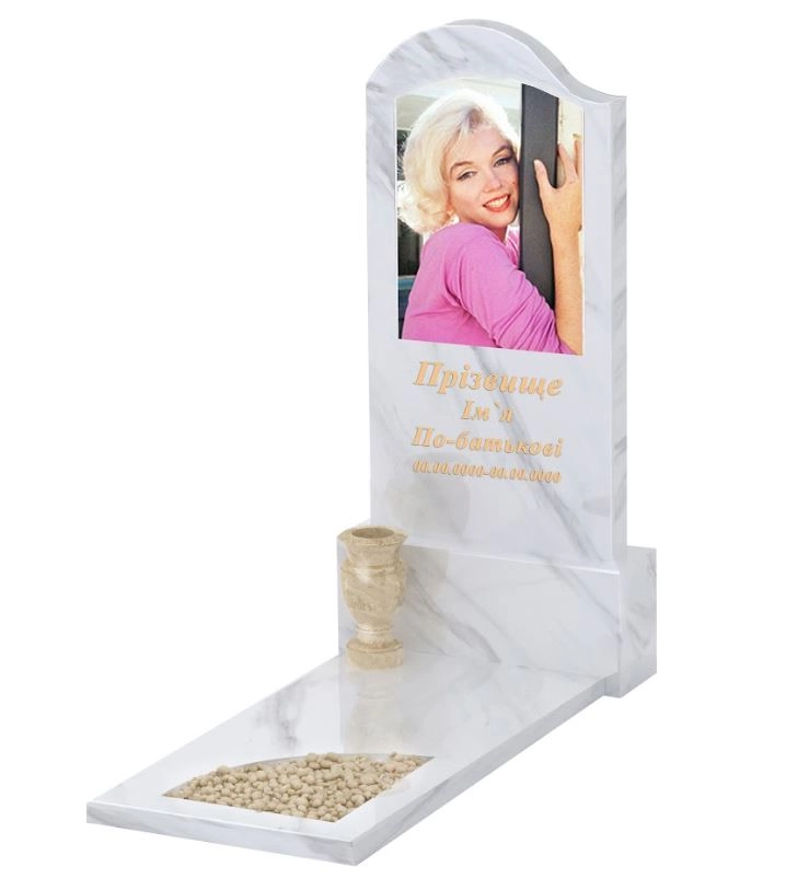 Основне Пам'ятник із мармуру з надгробною плитою одинарний з білого мармуру Волокас з вирізаним куточком к9-vol-pf-120-60-08-011-l