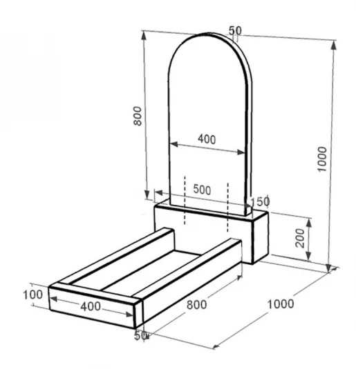 Размеры Памятник из гранита со стелой полукруглой формы одинарный из черного гранита Коростышев к1-kor-npf-80-40-05-006