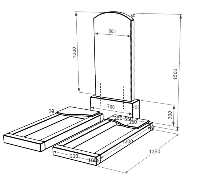 Розміри Гранітний пам'ятник із чорною стелею подвійний із чорного граніту Коростишів із хвилею різьблений к16-kor-npf-120-60-08-009