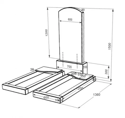 Размеры Гранитный памятник с черной стелой двойной из черного гранита Коростышев с волной резной к16-kor-npf-120-60-08-009