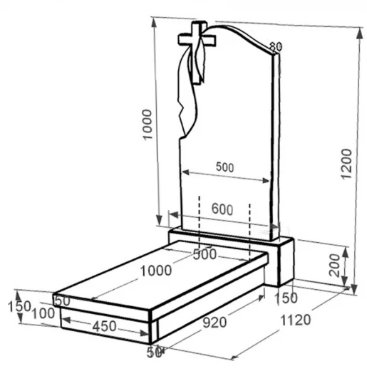 Розміри Надгробний пам'ятник із граніту з хрестом різьблений одинарний із чорного граніту Коростишів з плащаницею різьблений к10-kor-pf-100-50-08-142