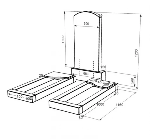 Размеры Гранитный памятник на могилу двойной из черного гранита Коростышев с волной резной к16-kor-npf-100-50-08-009