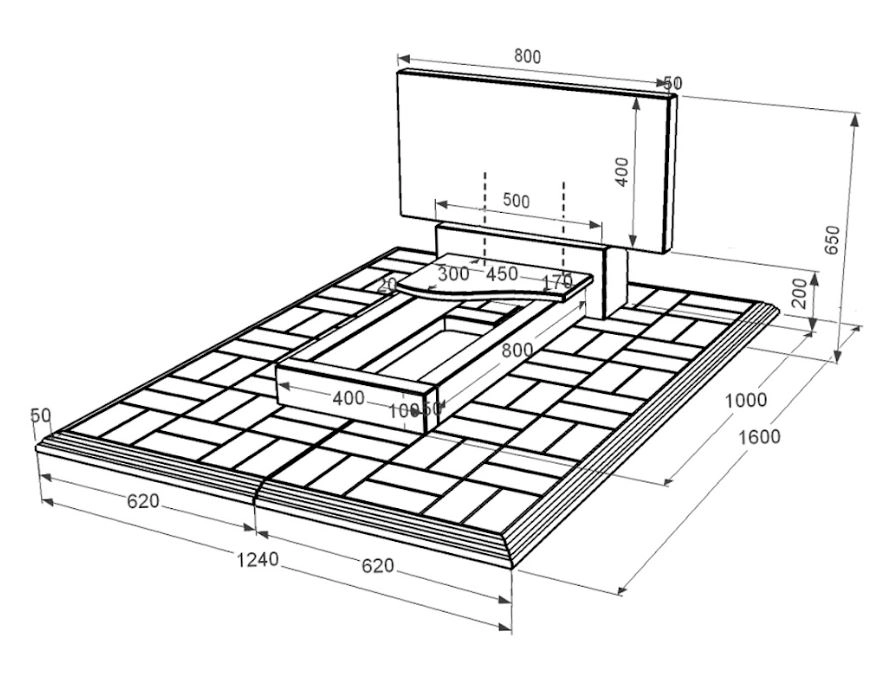 Розміри Гранітний пам'ятник з бетонною плитою одинарний із чорного граніту Коростишів з хвилею різьблений к3-kor-npf-40-80-05-001-pbd1
