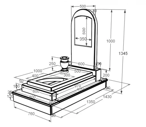Розміри Мармуровий пам'ятник з полукруглою стелою одинарний з білого мармуру Волокас з вирізаним куточком к24-vol-pf-100-50-08-006-ck