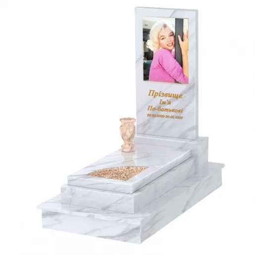 Мармуровий пам'ятник виробництво Україна одинарний з білого мармуру Волокас з вирізаним куточком к24-vol-pf-80-40-05-001-ck