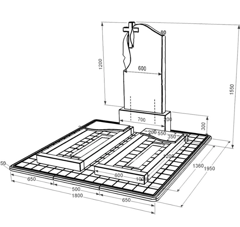 Розміри Пам'ятник із граніту на могилу подвійний із чорного граніту Коростишів з хвилею різьблений к16-kor-npf-120-60-08-142-pbd3
