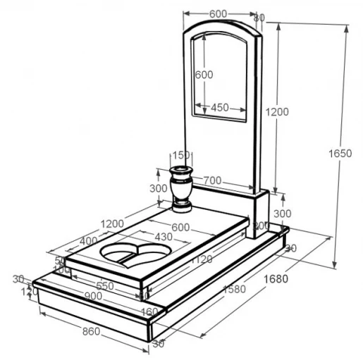 Розміри Мармуровий пам'ятник для православних одинарний з мармуру Дайна з серцем різьблена робота к11-dan-pf-120-60-08-009-ck