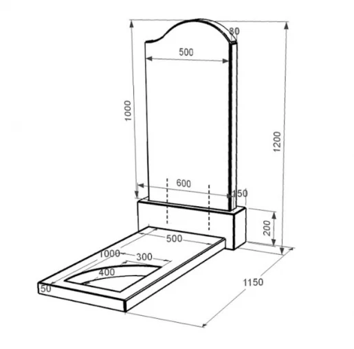 Размеры Гранитный памятник с неполированными фасками одинарный из черного гранита Коростышев с волной резной к9-kor-npf-100-50-08-011-r