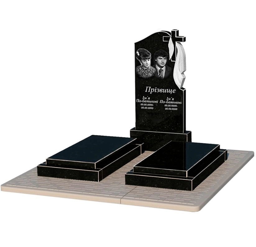 Основне Гранітний камінь на могилу фігурний подвійний із чорного граніту Коростишів з хрестом та плащаницею різьблений к21-kor-npf-100-50-08-142-r-pbd2