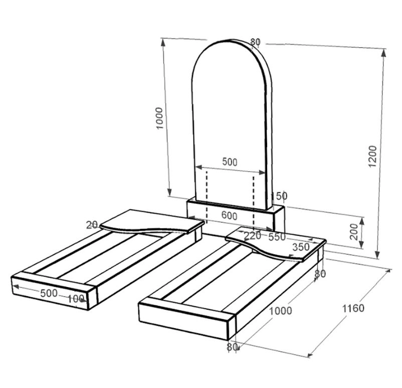 Розміри Гранітний пам'ятник 120 см висотою подвійний із чорного граніту Коростишів з хвилею різьблений к15-kor-pf-100-50-08-006