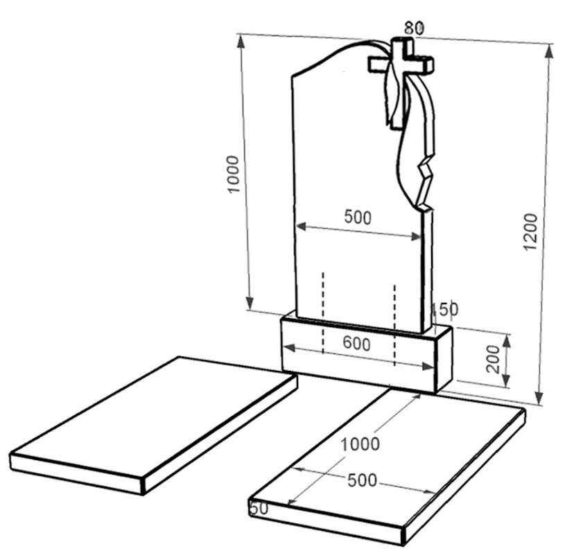 Розміри Пам'ятник із граніту з хрестом різьблений подвійний із чорного граніту Коростишів к17-kor-npf-100-50-08-142-r