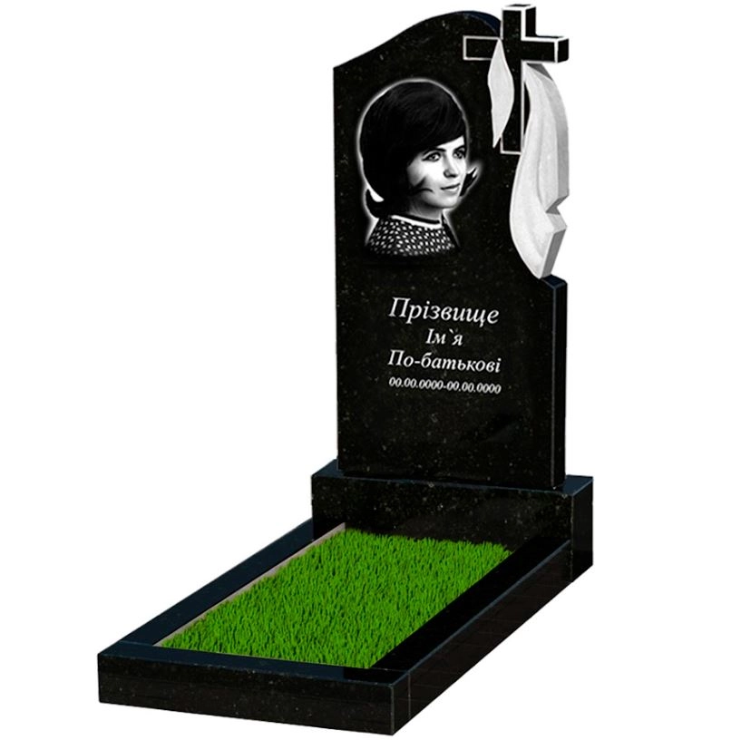 Основное Надгробный памятник из гранита женский одинарный из черного гранита Коростышев с крестом и плащаницей резной к2-kor-pf-100-50-08-142-r