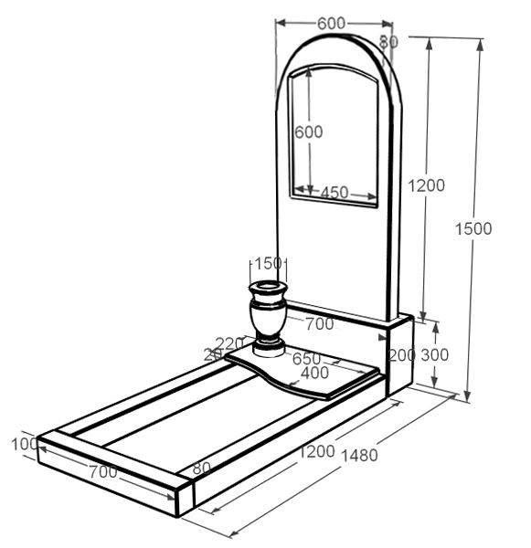 Розміри Мармуровий пам'ятник великого розміру з мармуру Дайна з полукруглою стелою к5-dan-pf-120-60-08-006