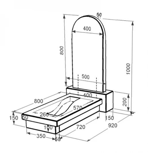 Размеры Гранитный памятник полукруглой формы одинарный из черного гранита Коростышев с вырезанной полосой с полукруглой стелой к23-kor-npf-80-40-08-006