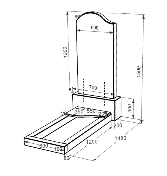 Размеры Гранитный камень на могилу с плитой на цветнике одинарный из черного гранита Коростышев с волной резной к4-kor-pf-120-60-08-011-l