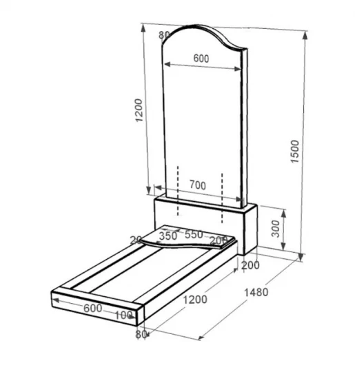 Розміри Гранітний камінь на могилу з плитою на квітнику одинарний із чорного граніту Коростишів з хвилею різьблений к4-kor-pf-120-60-08-011-l