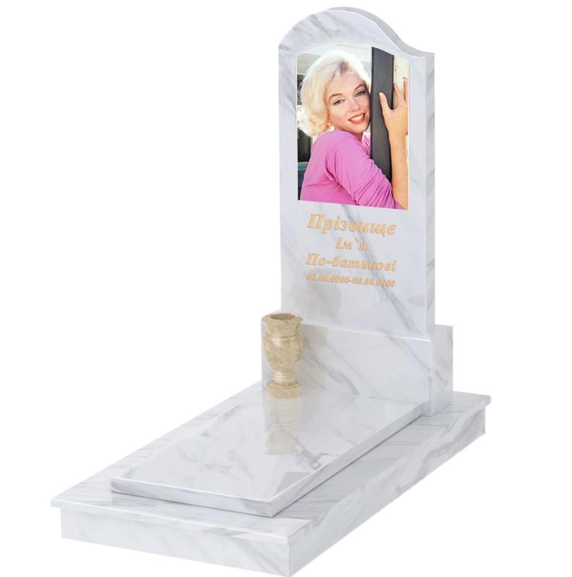 Основне Мармуровий пам'ятник високий одинарний з білого мармуру Волокас різьблений к7-vol-pf-120-60-08-011-l-ck