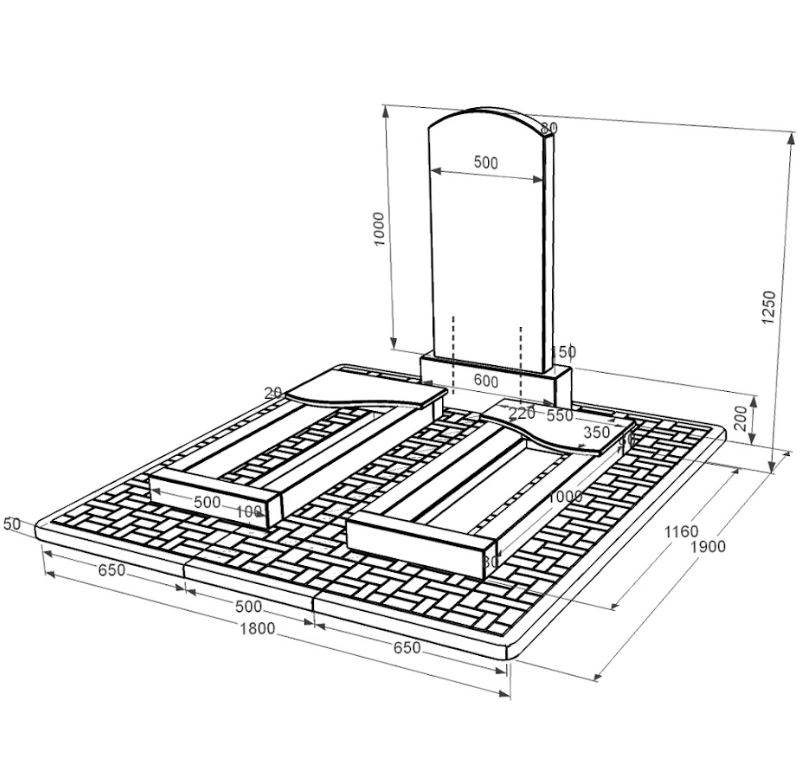 Розміри Гранітний пам'ятник з квітником 1200x600x1310 подвійний з хвилею різьблений із чорного граніту Коростишів Дуга 009 к15-kor-npf-100-50-08-009-pbd2