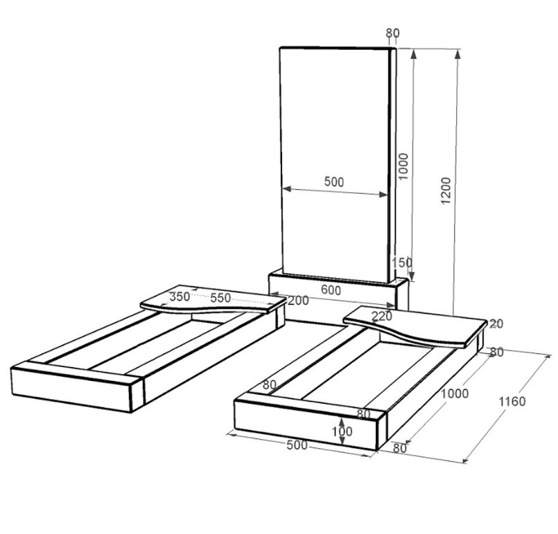 Размеры Памятник из гранита супругам двойной из черного гранита Коростышев с волной резной к15-kor-pf-100-50-08-001
