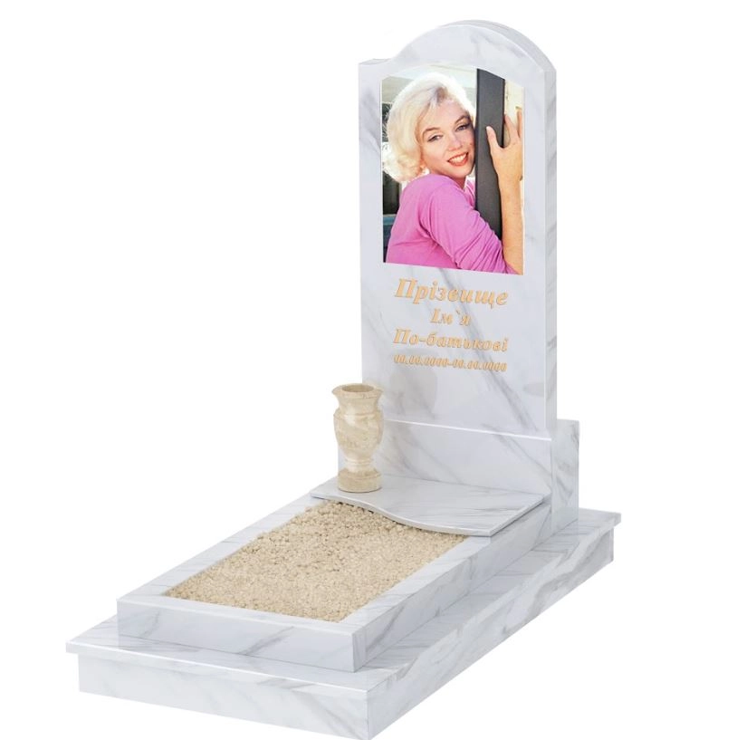 Основне Мармуровий пам'ятник з квітником одинарний з білого мармуру Волокас з хвилею різьблений к5-vol-pf-120-60-08-011-r-ck