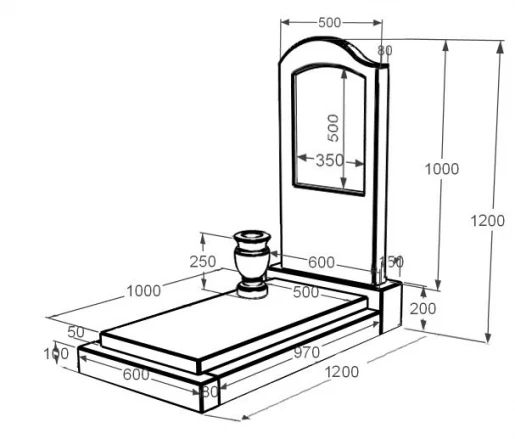 Размеры Мраморный памятник фигурной формы одинарный из белого мрамора Волокас с волной резной к12-vol-pf-100-50-08-011-l