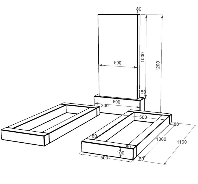 Розміри Подвійний пам'ятник із граніту із чорного граніту Коростишів без різьблених робіт к14-kor-pf-100-50-08-001