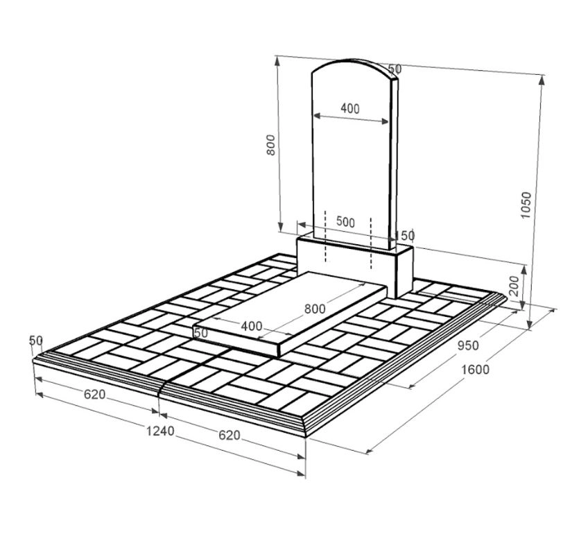 Розміри Гранітний пам'ятник з бетонною плитою одинарний із чорного граніту Коростишів з дугою різьблений к7-kor-pf-80-40-05-009-pbd1