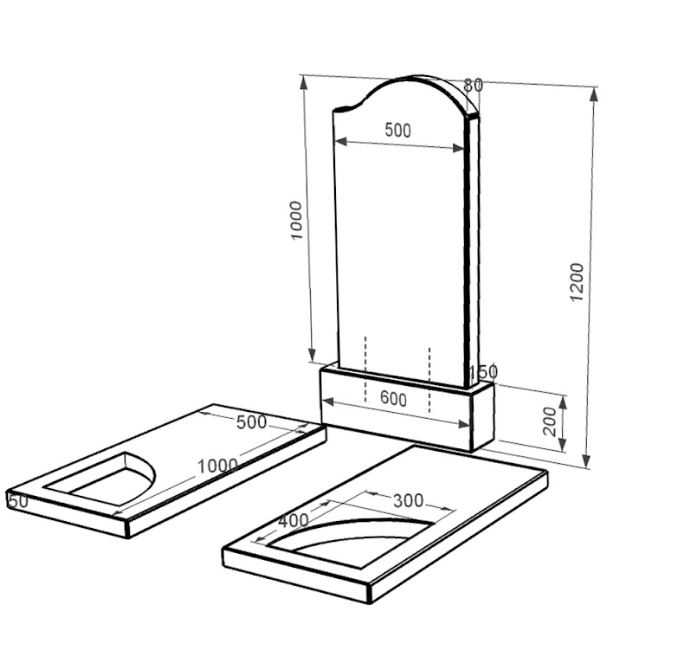 Размеры Гранитный памятник на кладбище с надгробной плитой двойной из черного гранита Коростышев с вырезанным уголком к18-kor-pf-100-50-08-011-r