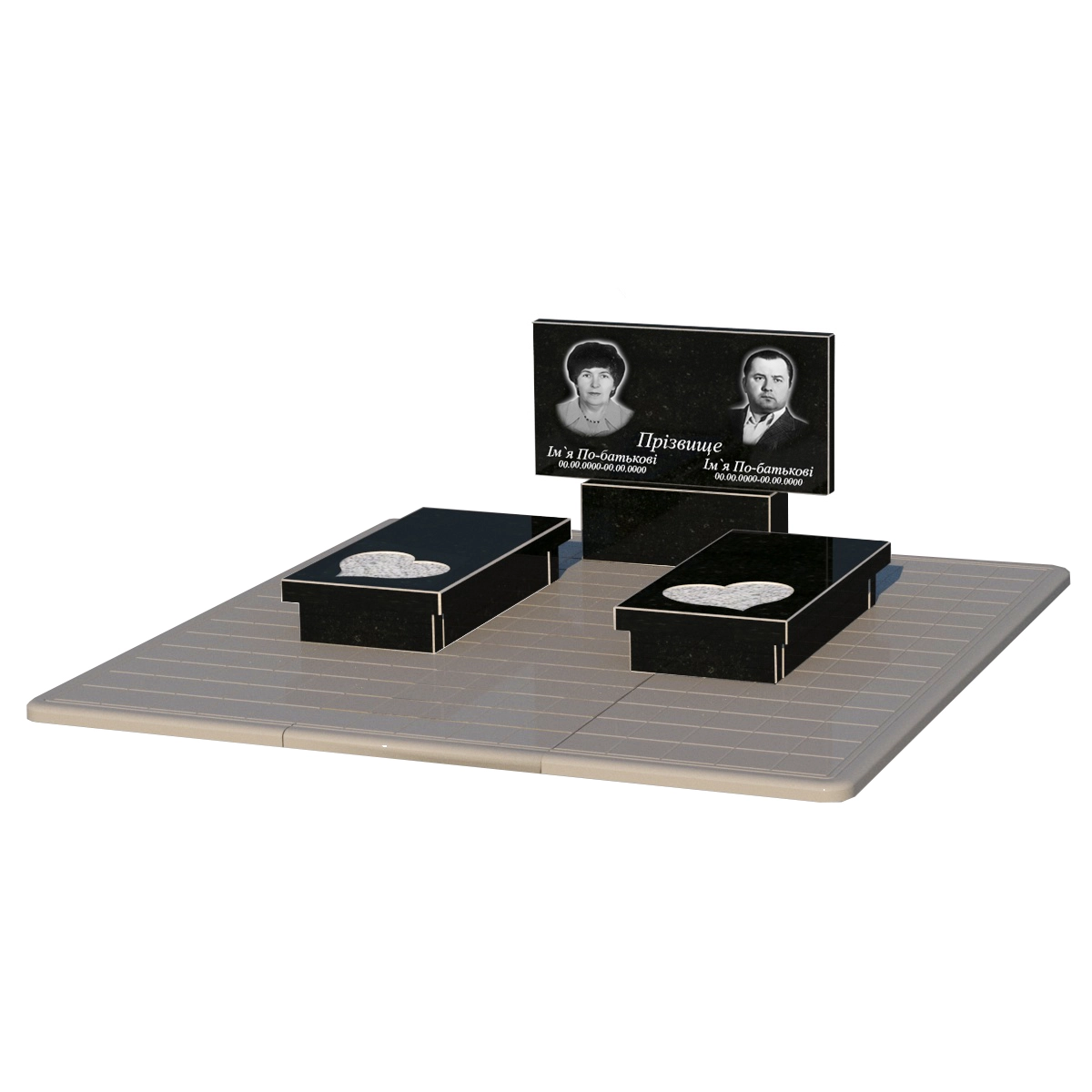 Основне Гранітний пам'ятник з серцем різьблена робота подвійний із чорного граніту Коростишів к20-kor-npf-40-80-05-001-pbd3