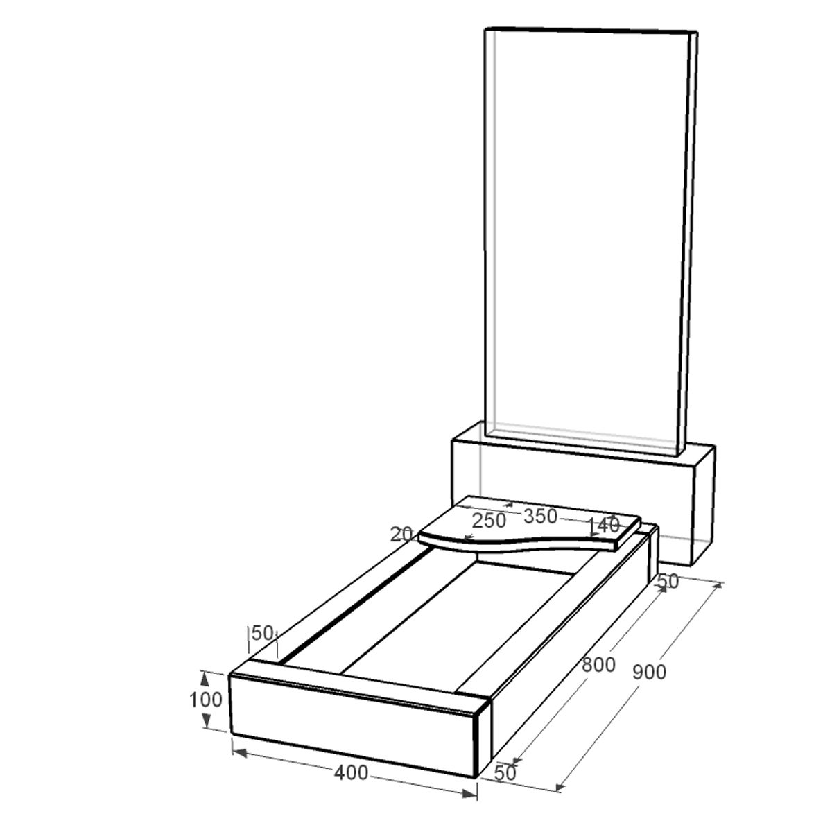 Розміри Квітник на могилу довжиною 90 см 900x400x100 з граніту серія Базіс із неполірованими фасками Коростишівського кар'єру cv-kor-npf-900-400-4-volna-1-st