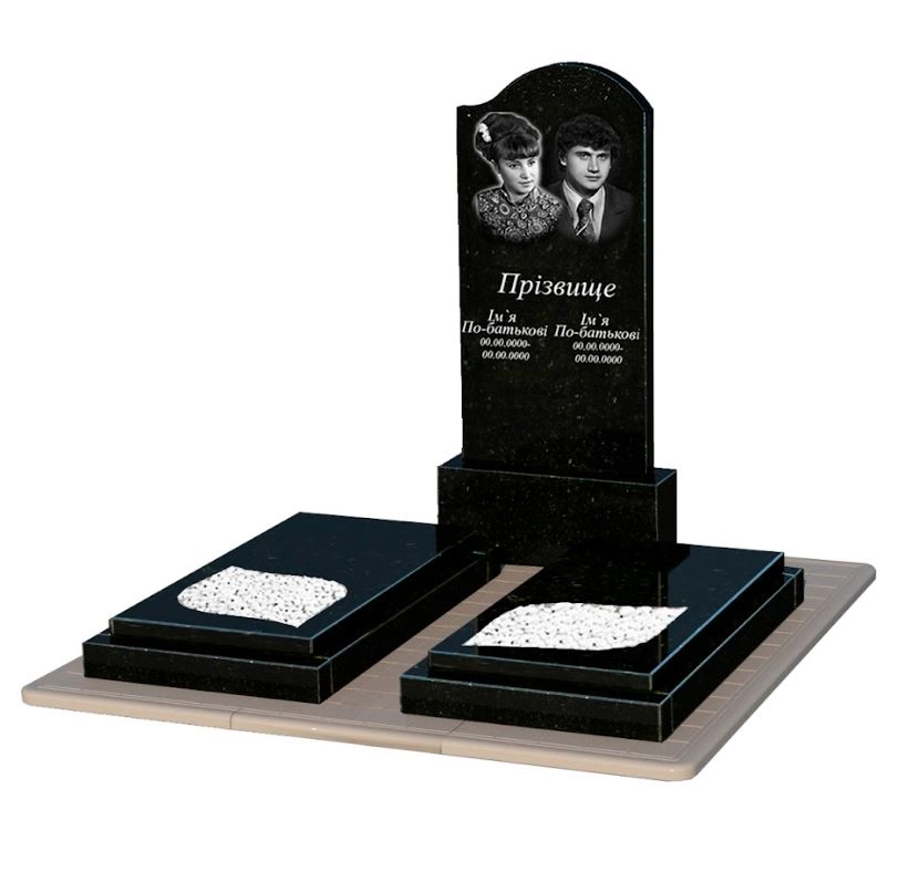 Основное Гранитный памятник полированные фаски двойной из черного гранита Коростышев с листом резная работа к22-kor-pf-120-60-08-011-r-pbd3