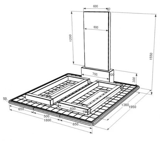 Размеры Памятник из гранита с цветником без плиты двойной из черного гранита Коростышев без резных работ к14-kor-npf-120-60-08-001-pbd3