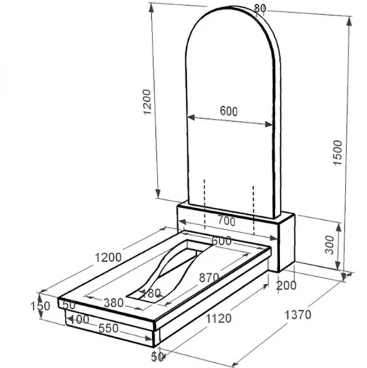 Размеры Гранитное надгробие на могилу с вырезанной полосой одинарное из черного гранита Коростышев с полукруглой стелой к23-kor-npf-120-60-08-006