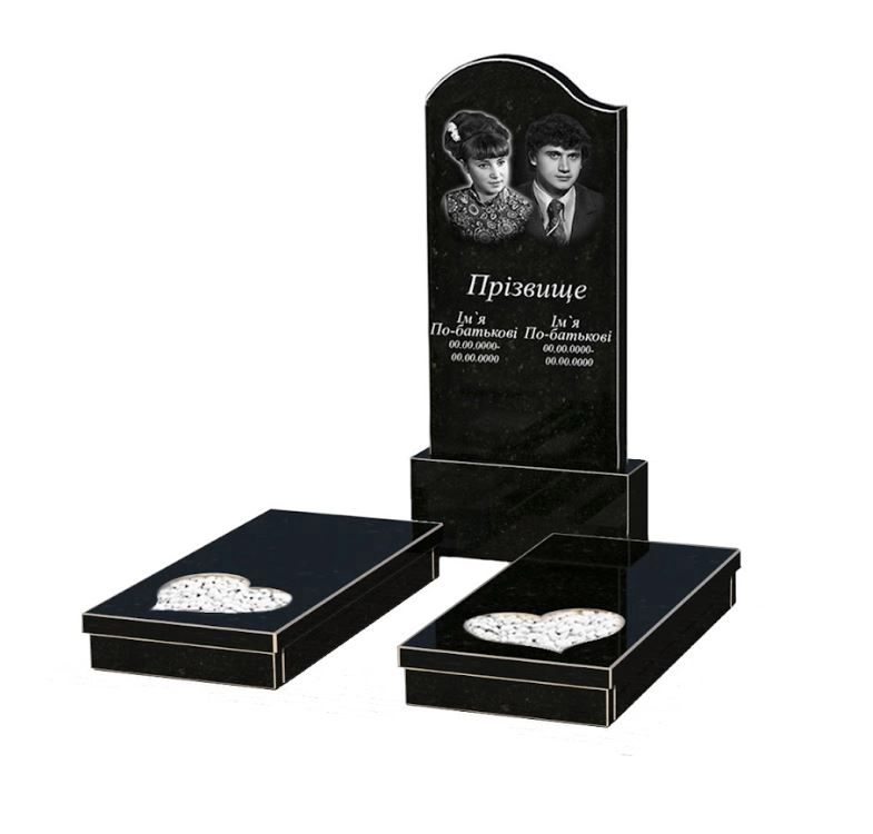 Основне Гранітний пам'ятник з серцем та хвилею різьблена робота подвійний із чорного граніту Коростишів к20-kor-npf-120-60-08-011