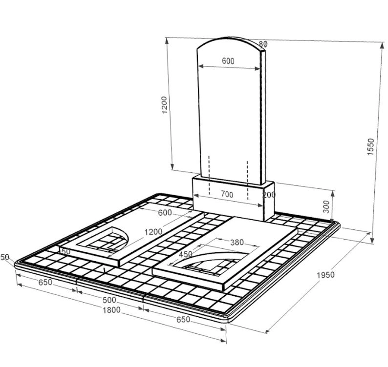 Розміри Надгробний пам'ятник із граніту високий подвійний з вирізаним куточком із чорного граніту Коростишів Дуга 009 к18-kor-npf-120-60-08-009-pbd3