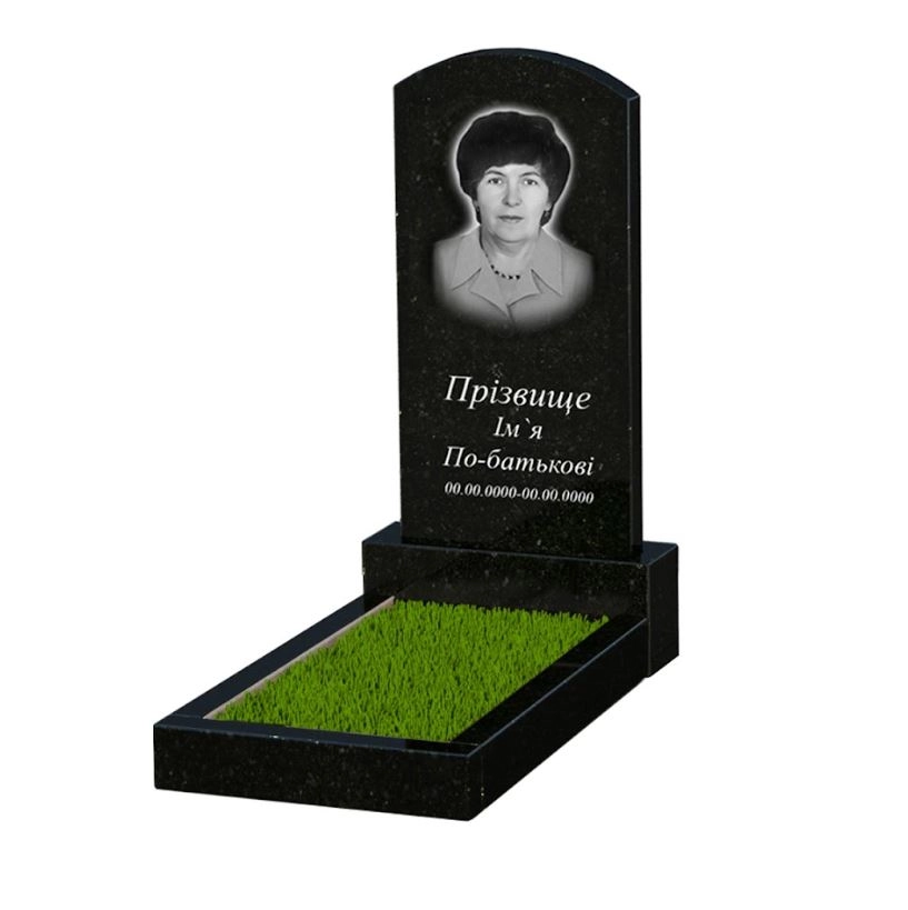 Основне Гранітний пам'ятник з полірованими фасками одинарний із чорного граніту Коростишів з дугою різьблений к2-kor-pf-80-40-05-009