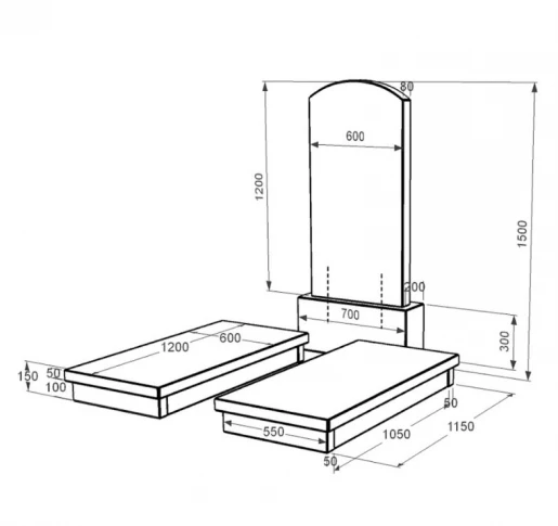 Размеры Гранитное надгробие большого размера двойное из черного гранита Коростышев с дугой резное к19-kor-npf-120-60-08-009