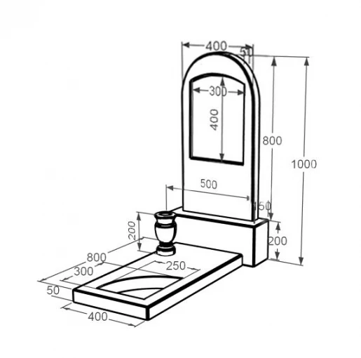 Розміри Мармуровий пам'ятник дівчинам одинарний з білого мармуру Волокас з вирізаним куточком з полукруглою стелою к9-vol-pf-80-40-05-006