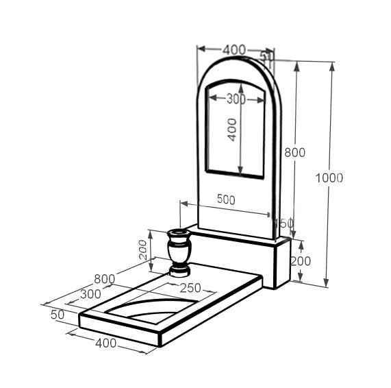 Розміри Мармуровий пам'ятник дівчинам одинарний з білого мармуру Волокас з вирізаним куточком з полукруглою стелою к9-vol-pf-80-40-05-006
