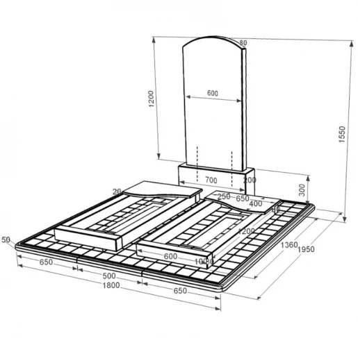 Розміри Пам'ятник із граніту чорного кольору подвійний з хвилею різьблений із чорного граніту Коростишів Дуга 009 к15-kor-pf-120-60-08-009-pbd3