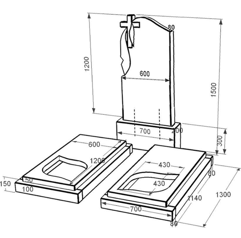 Розміри Могильна плита із граніту широка подвійна із чорного граніту Коростишів з листом різьблена робота к22-kor-npf-120-60-08-142