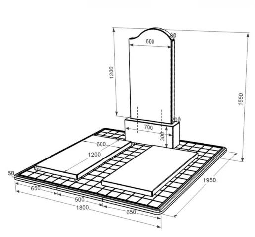 Розміри Пам'ятник із граніту з надгробною плитою подвійний із чорного граніту Коростишів з хвилею різьблений к17-kor-pf-120-60-08-011-r-pbd3
