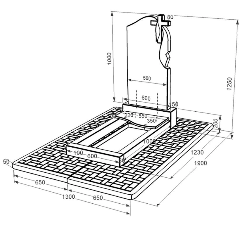 Размеры Гранитный камень на могилу с полным полированием сторон одинарный из черного гранита Коростышев с волной резной к5-kor-pf-100-50-08-142-r-pbd2