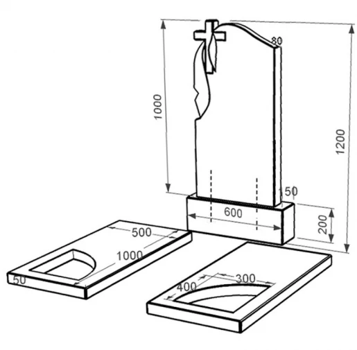 Розміри Надгробок із граніту з вирізаним куточком подвійний із чорного граніту Коростишів к18-kor-pf-100-50-08-142