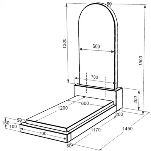 Размеры Гранитный памятник стела 120х60 см одинарный из черного гранита Коростышев с полукруглой стелой к12-kor-pf-120-60-08-006