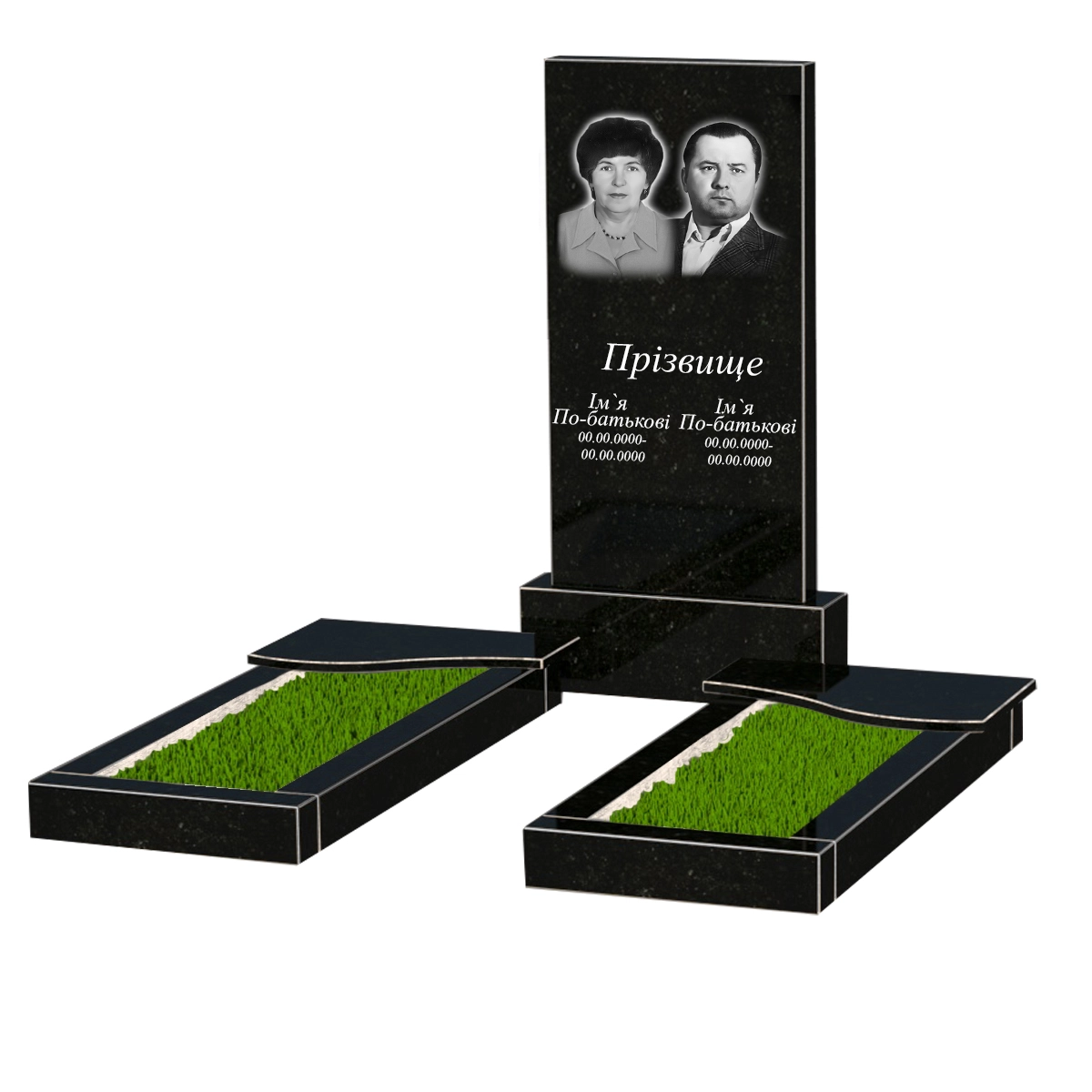 Основне Гранітний пам'ятник з вертикальним рівнем встановлення стели подвійний із чорного граніту Коростишів з хвилею різьблений к15-kor-npf-100-50-08-001