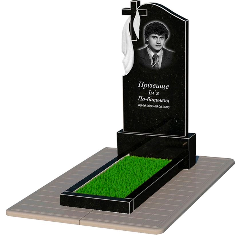 Основне Пам'ятник із граніту чоловічий одинарний із чорного граніту Коростишів з хрестом та плащаницею різьблений к1-kor-npf-120-60-08-142-pbd3